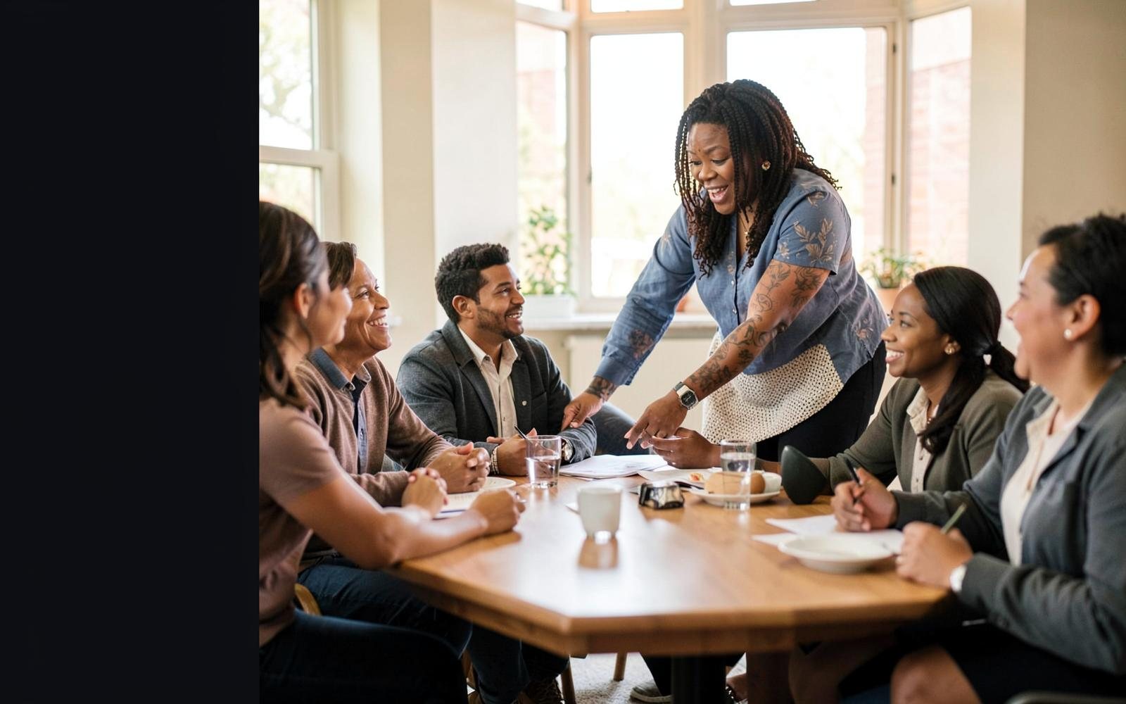 A community leader engaging naturally with adult learners around a table.