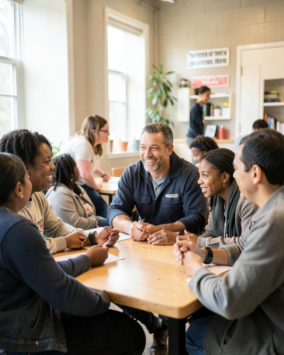 A diverse group sharing a thoughtful community conversation.