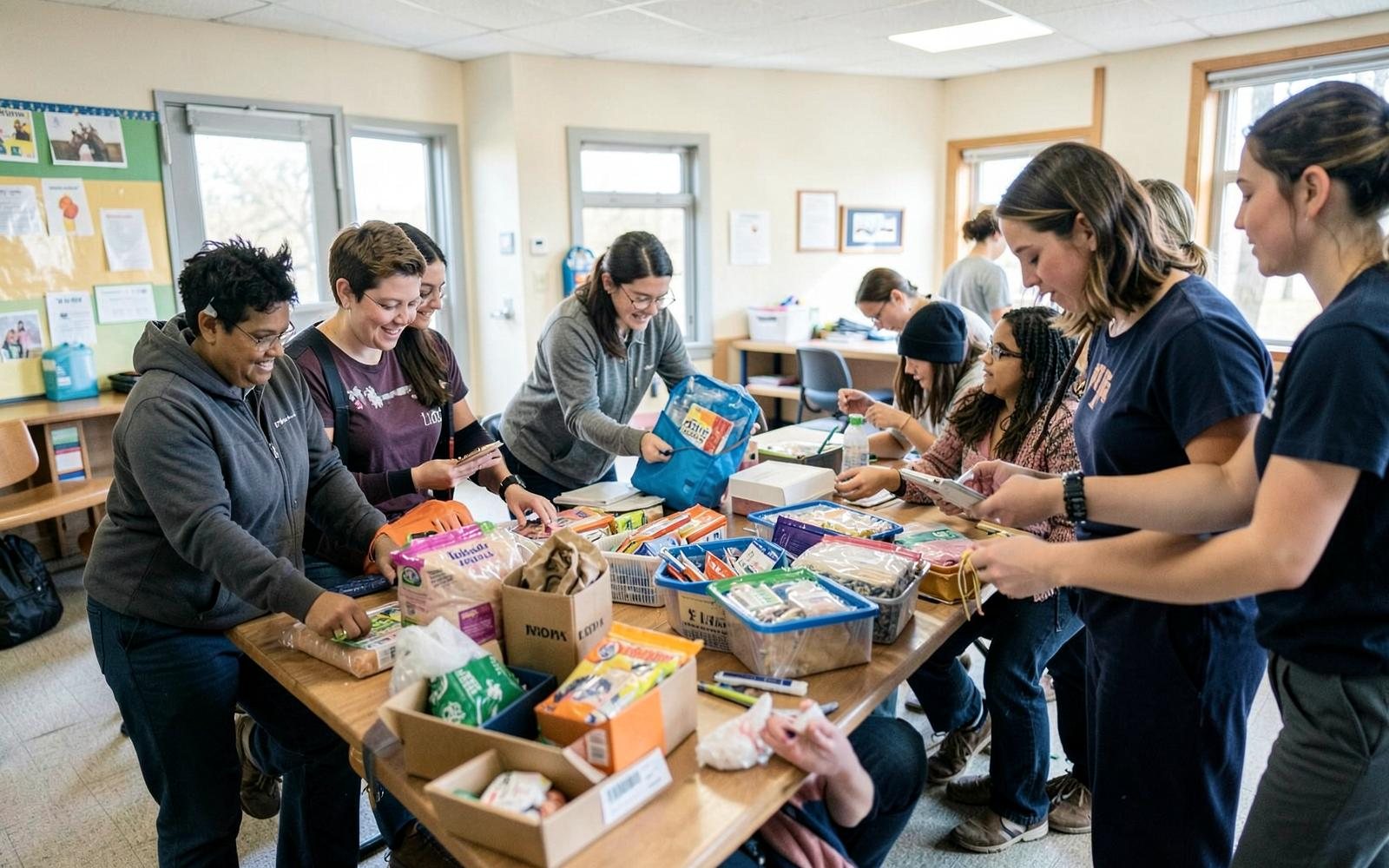 Volunteers actively organizing educational supplies at a community center.
