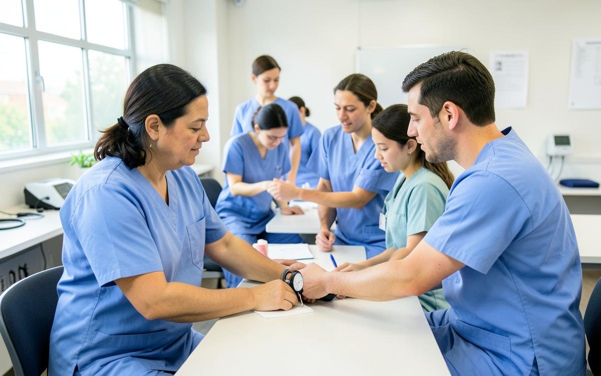 Healthcare learners practicing clinical assessment skills together.