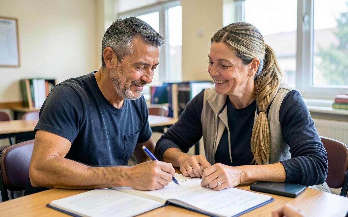 An adult learner and tutor working together in a classroom.