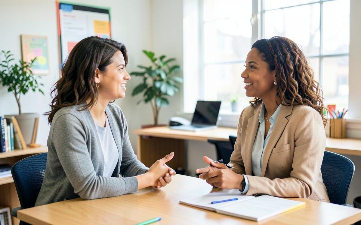 Two professional women in a supportive career mentoring conversation.