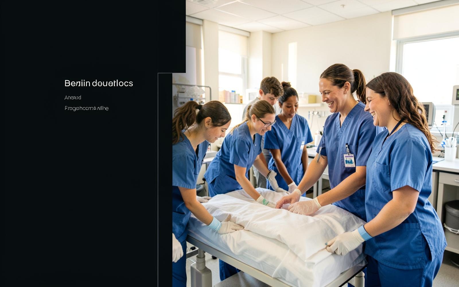 Diverse nursing students collaborating during clinical skills training.