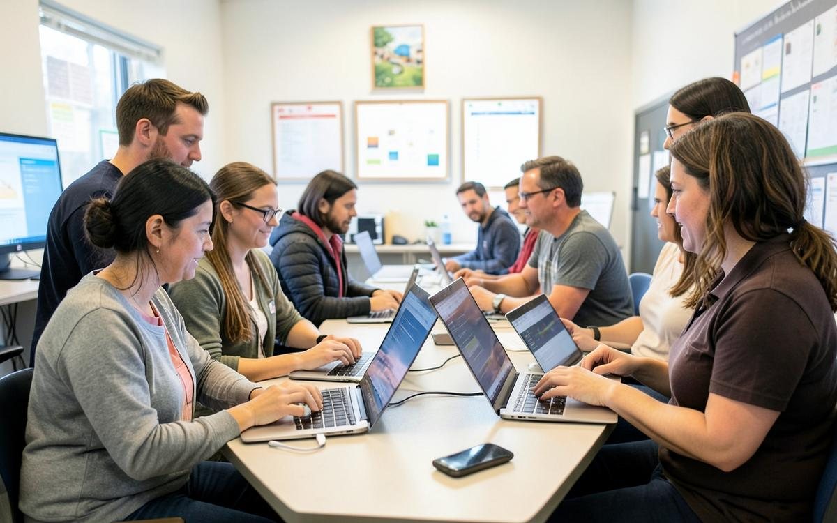 Adults learning together in a digital skills classroom.