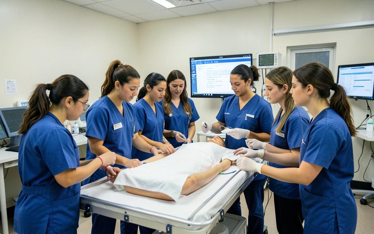 Nursing students practicing together in a clinical simulation lab.