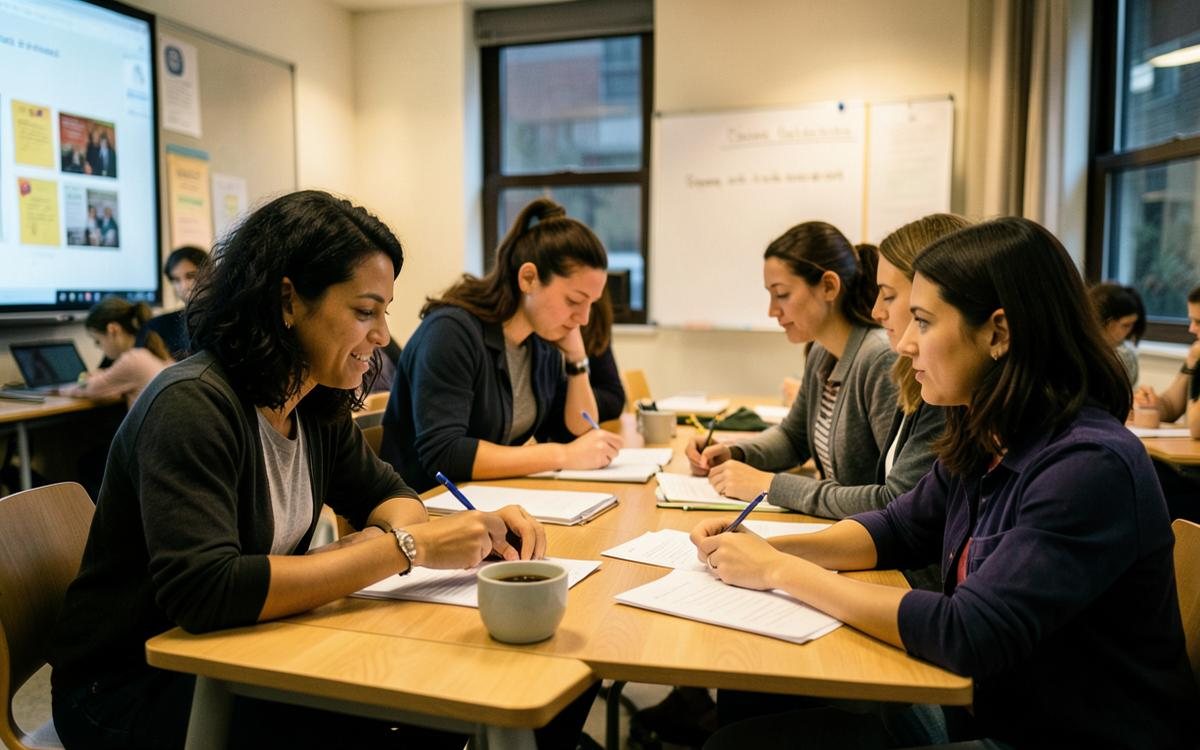 Adult learners working in an evening continuing education class.