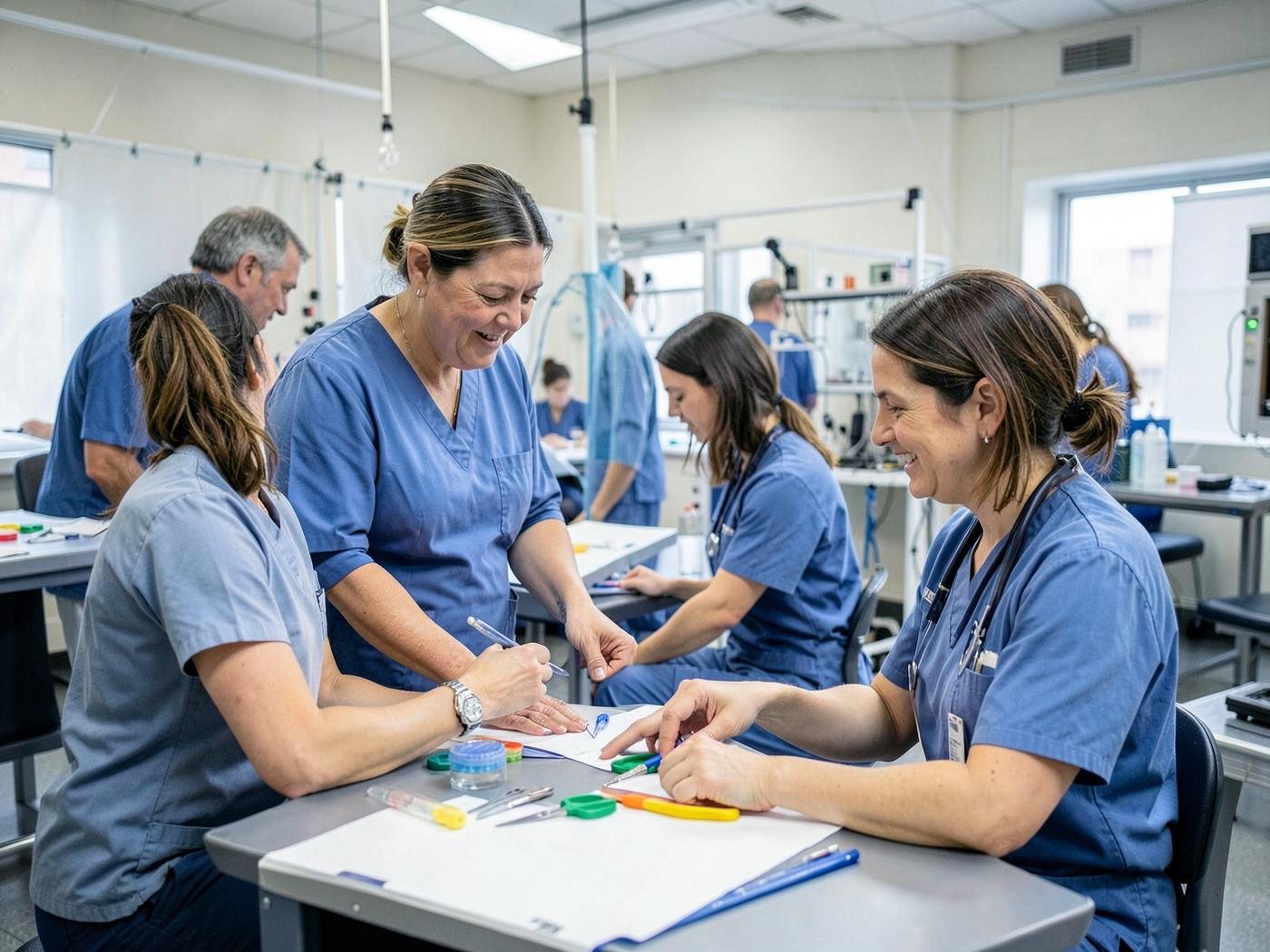 Nursing learners receiving guidance during clinical skills practice.