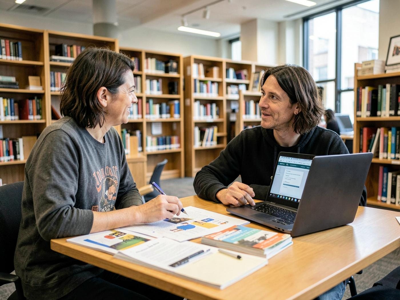 An adult learner and facilitator working together with educational resources.